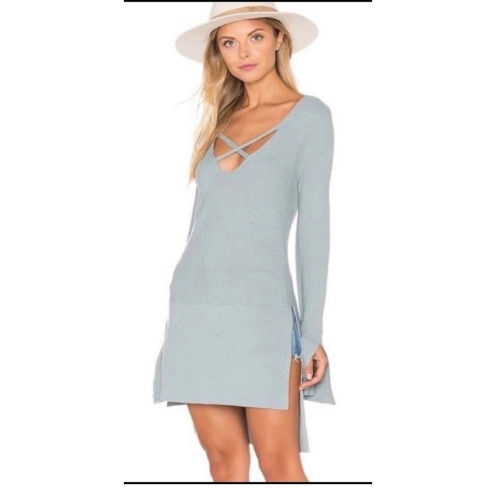 Free People Crisscross V-Neck Knit Tunic Top Blue Long Sleeve Side Slit Small